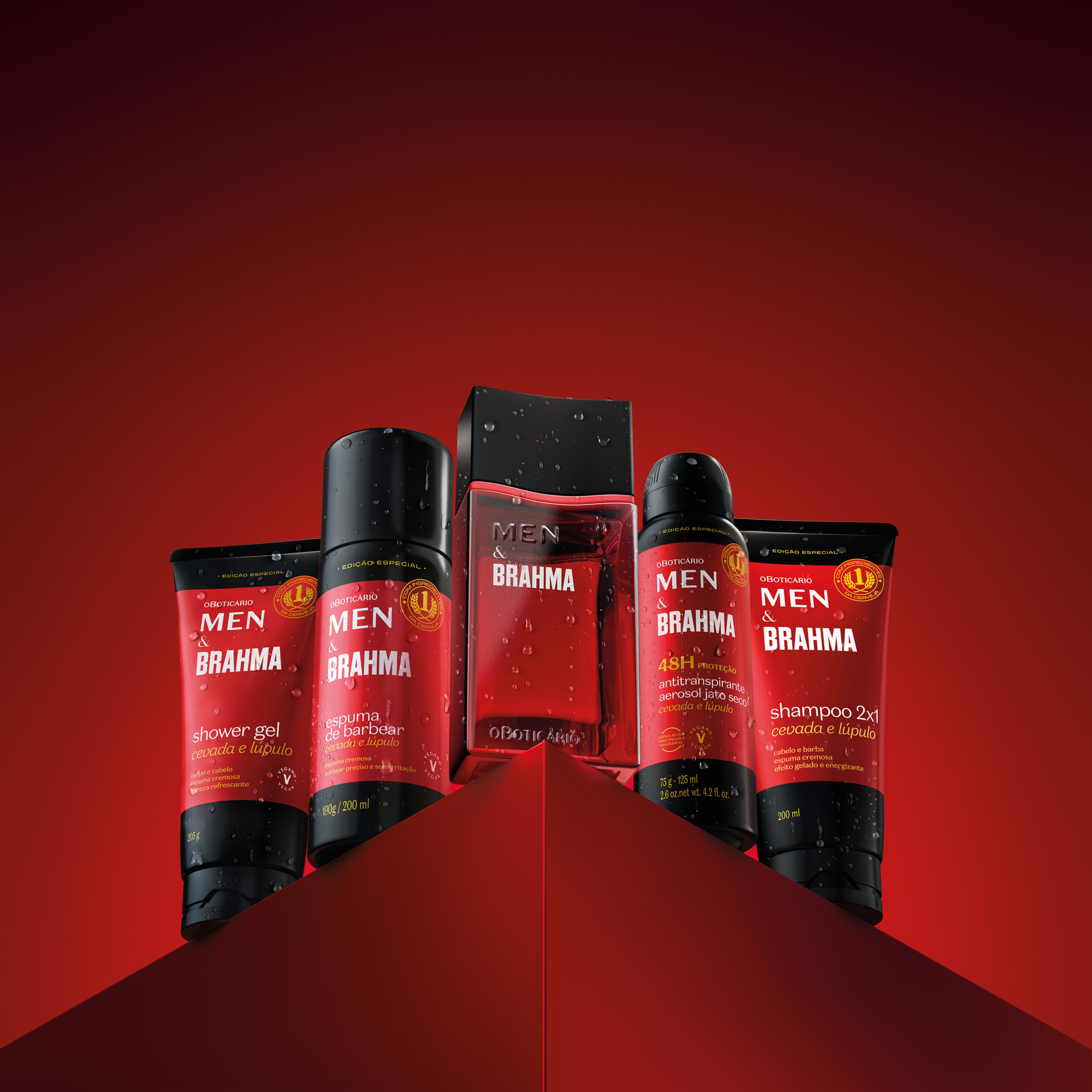 Frascos da linha MEN & Brahma em um fundo vermelho
