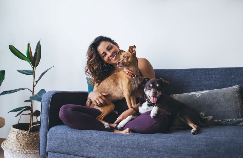 Mulher sentada em sofá junto de seus dois cachorros
