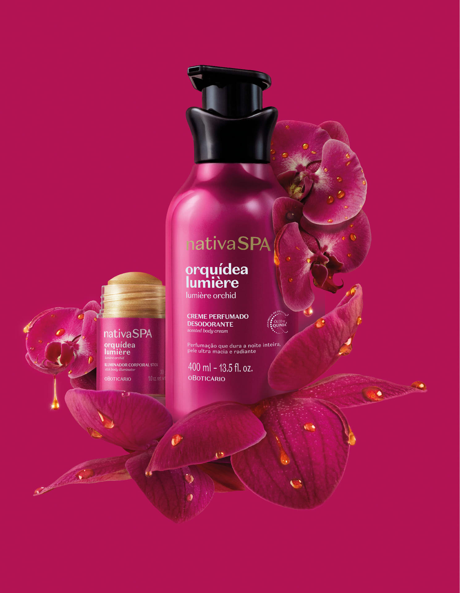 Frascos do creme e do iluminador corporal Nativa SPA Orquídea Lumière, cercados por orquídeas roxas com gotas de água.
