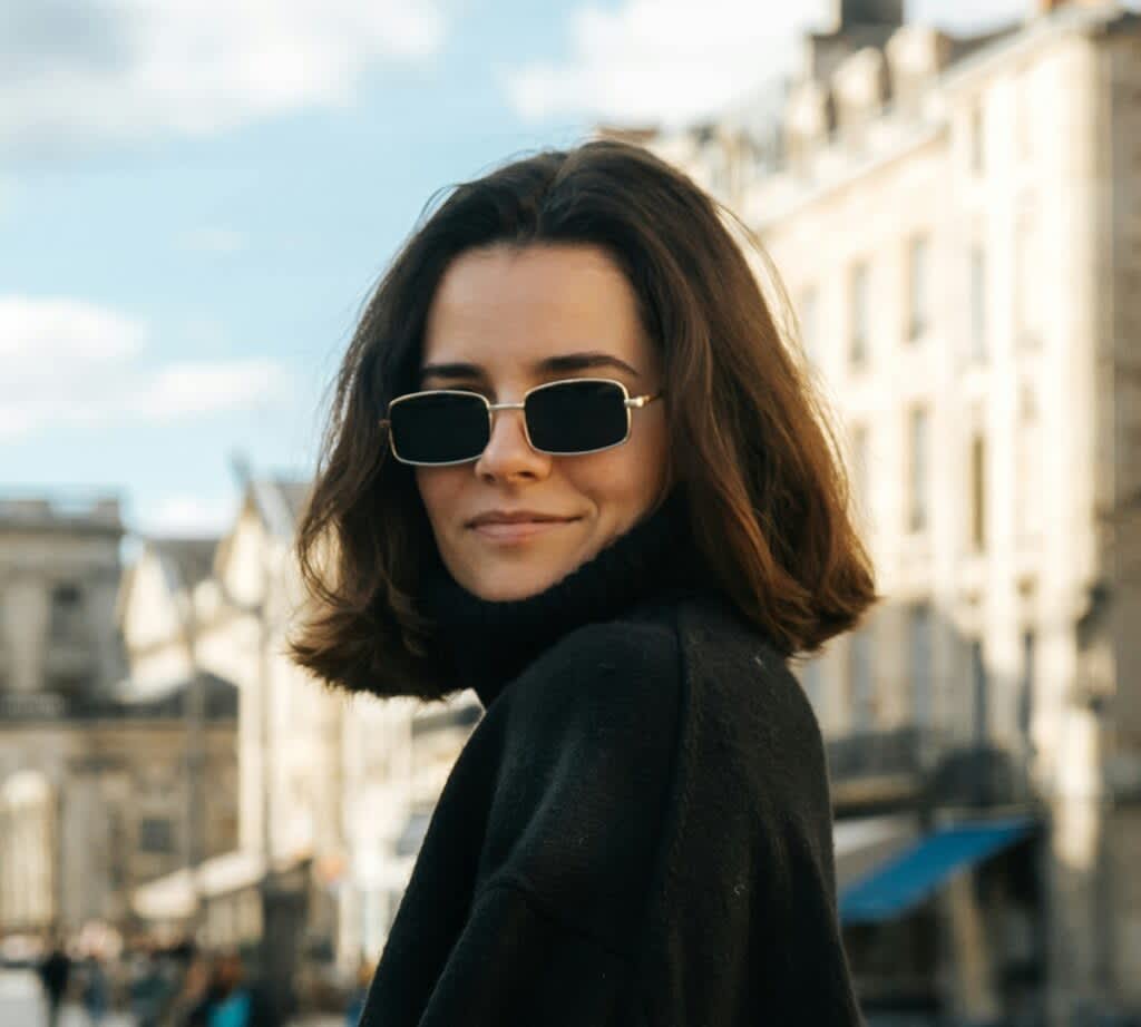Mulher de cabelo curto reto com óculos escuros e blusa preta. Está olhando para a foto com um leve sorriso.