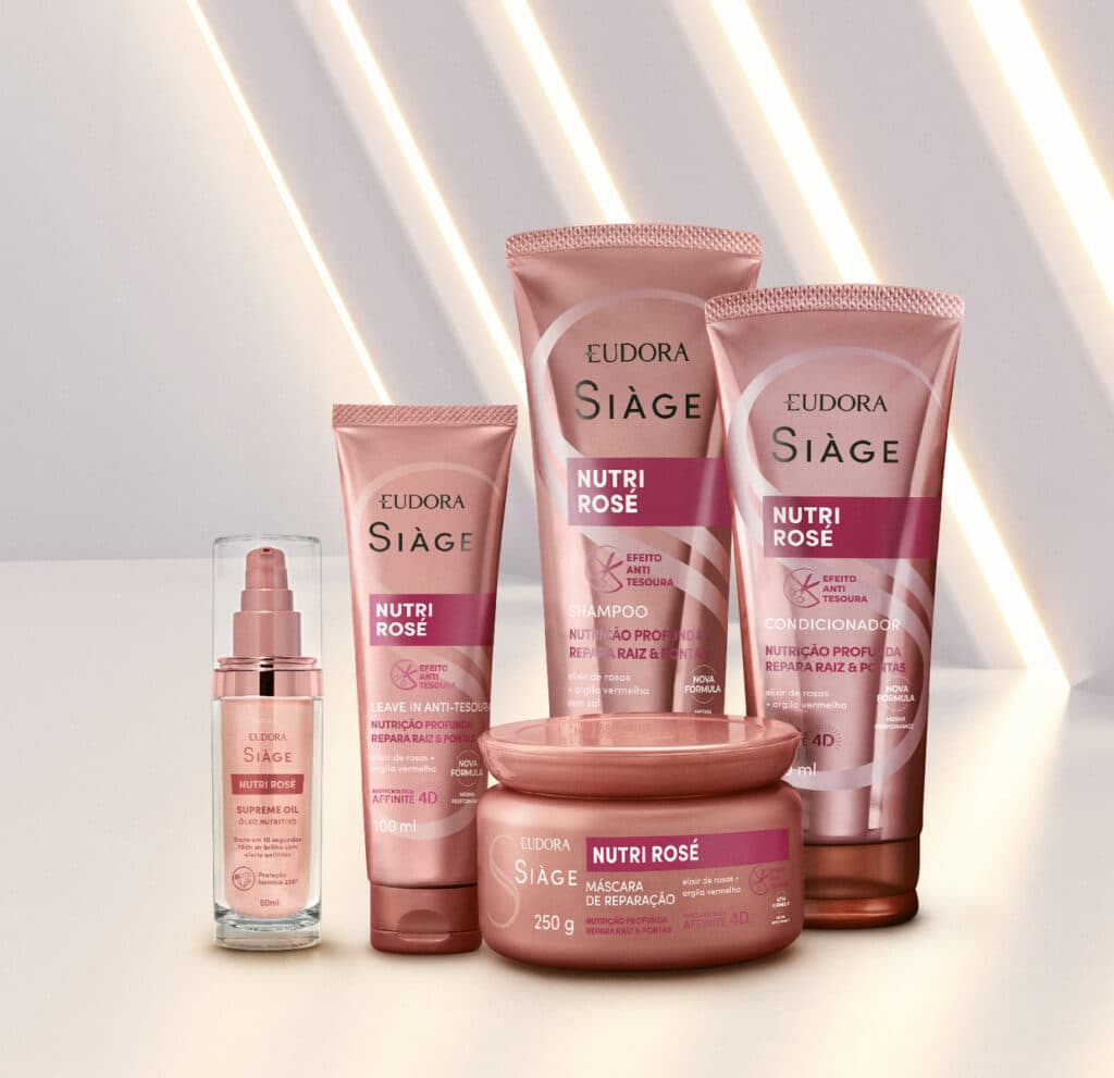 Linha completa de Siàge Nutri Rosé com 4 itens: shampoo. condicionador, máscara e reparador de pontas.