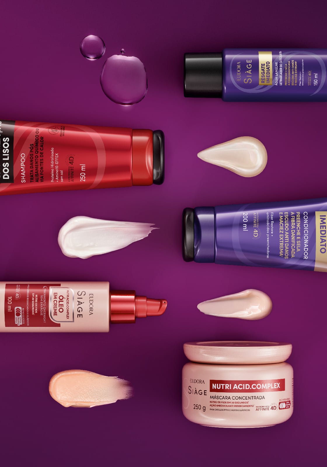 Produtos capilares Eudora Siàge (shampoo, condicionador, máscara, óleo) aparecem em fundo roxo com amostras texturizadas de cremes e líquidos.