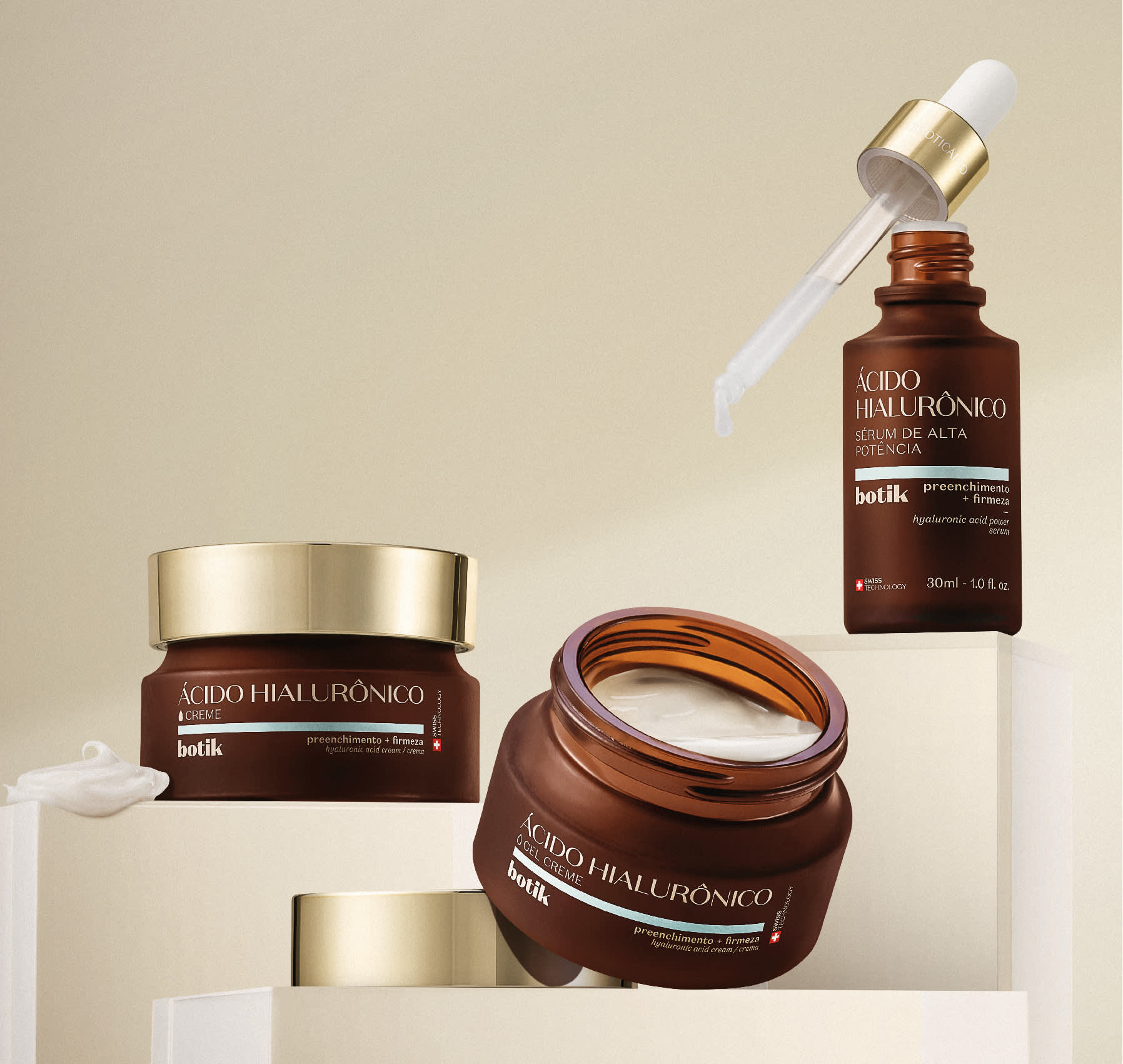 Itens de Botik Ácido Hialurônico como sérum, creme e gel-creme