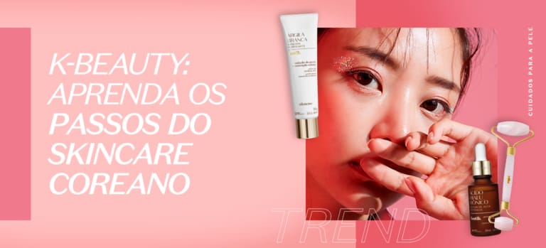Imagem com foco na pele do rosto de uma mulher. Em volta dela itens de skincare. K-Beauty: aprenda os passos do skincare coreano
