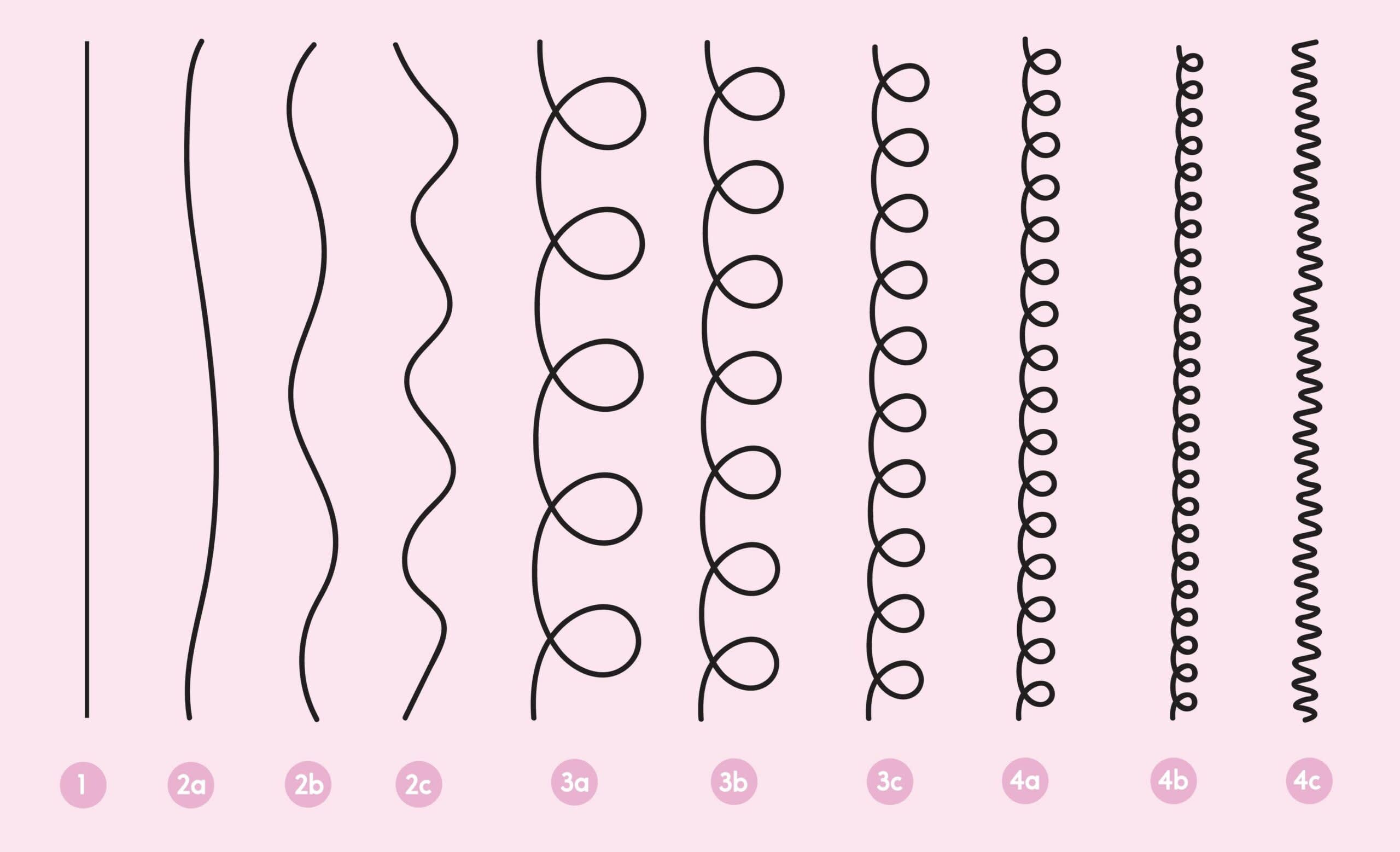 Tabela com os tipos de curvatura do cabelo. A classificação vai desde 1 até 4C passando por fios lisos, ondulados, cacheados e crespos.
