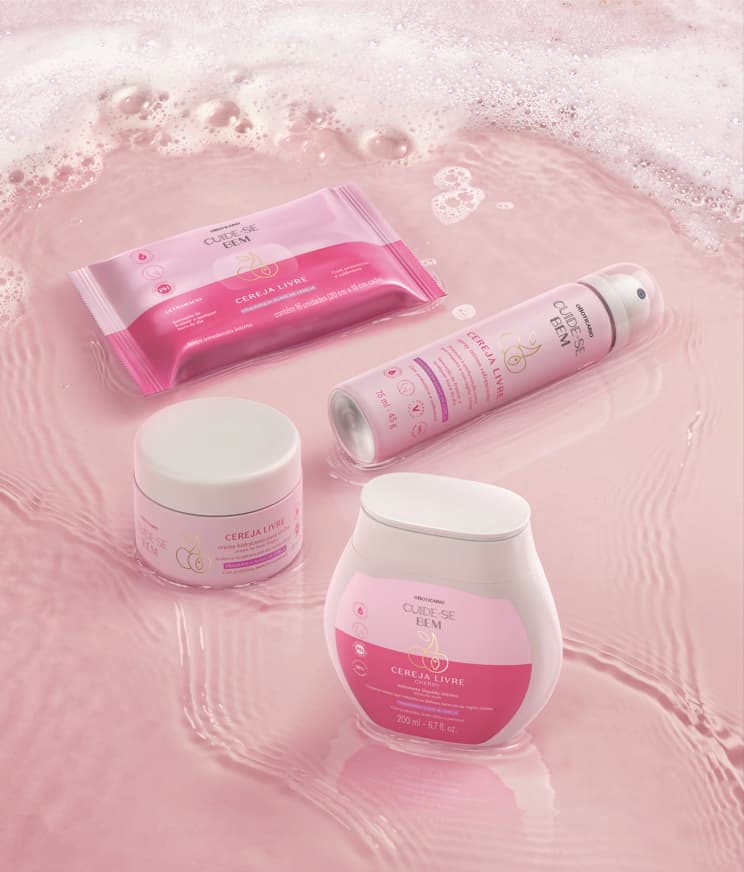 Imagem com embalagens dos produtos da linha Cuide-se Bem Cereja Livre