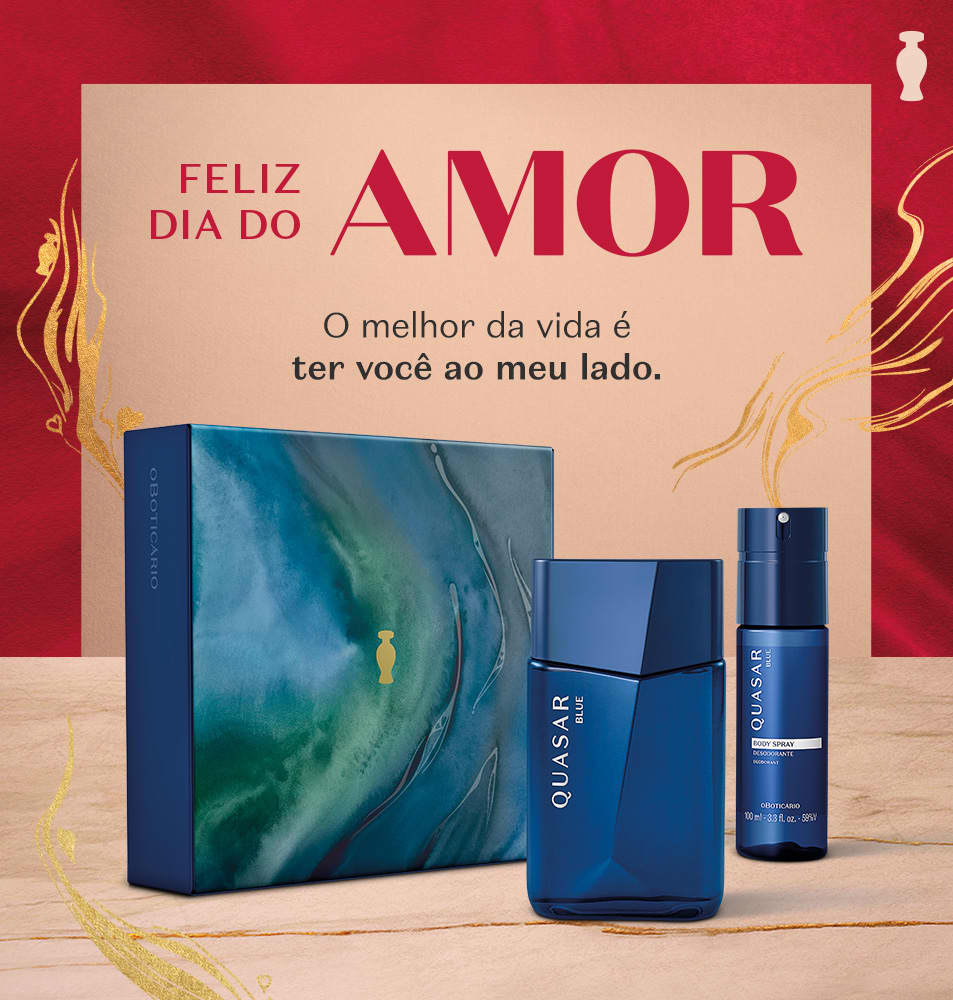 Kit Quasar em cenário com cores bege e vermelho. O texto diz: "O melhor da vida é ter você ao meu lado. Feliz Dia do Amor!"