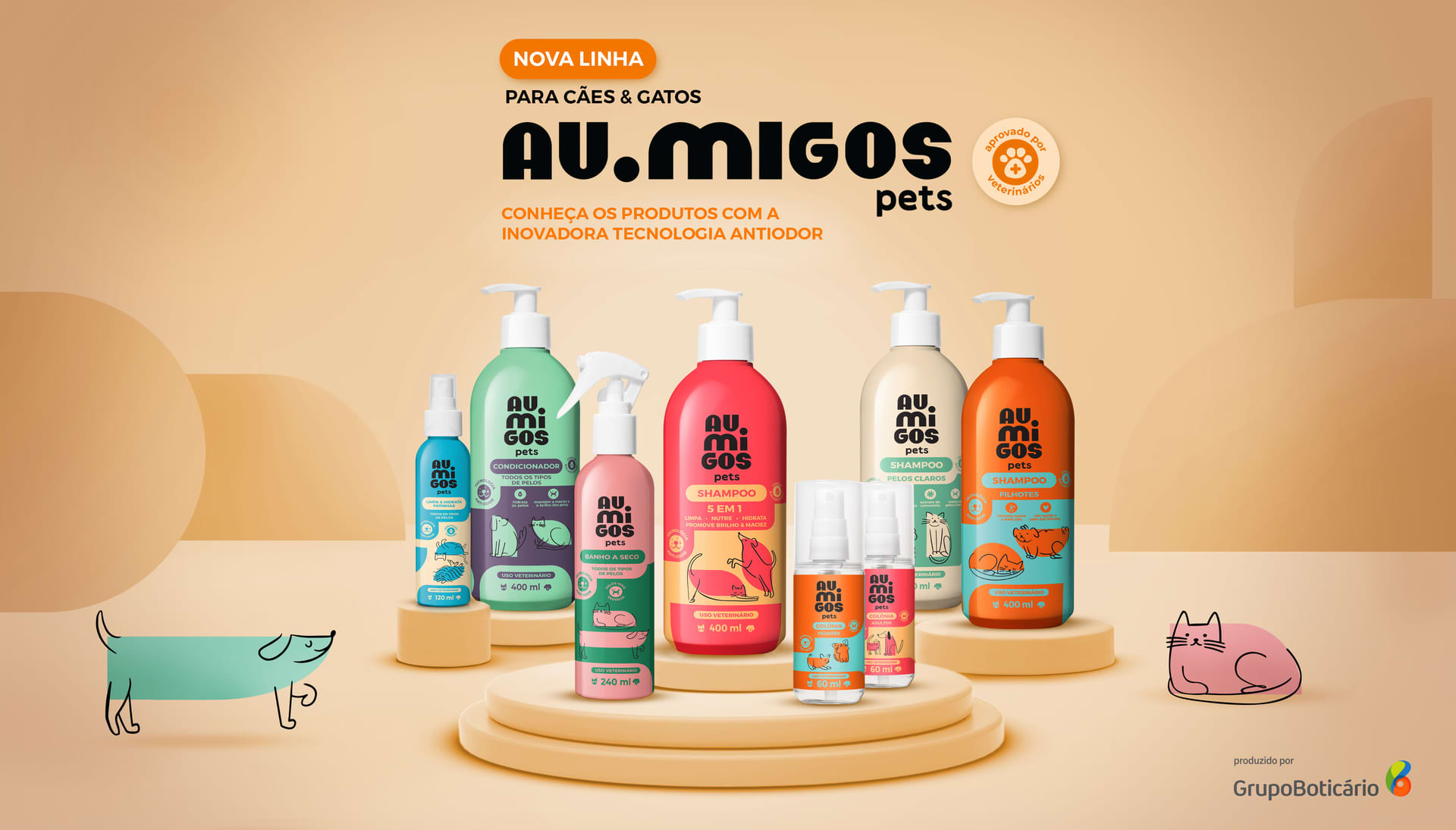 Arte com os produtos da linha Au.migos Pet