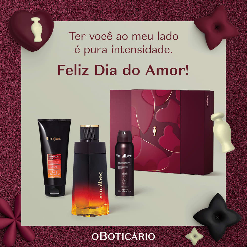 Kit Malbec em cenário com cores cinza e vermelho. O texto diz: "Ter você ao meu lado é pura intensidade. Feliz Dia do Amor!'