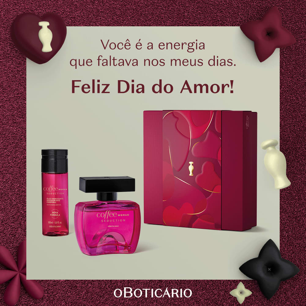 Kit Coffee em cenário com cores cinza e vermelho. O texto diz: "Você é a energia que faltava nos meus dias. Feliz Dia do Amor!"