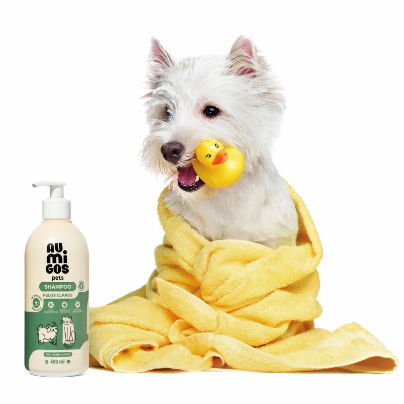 Cachorro com pelo claro ao lado de shampoo Au.Migod