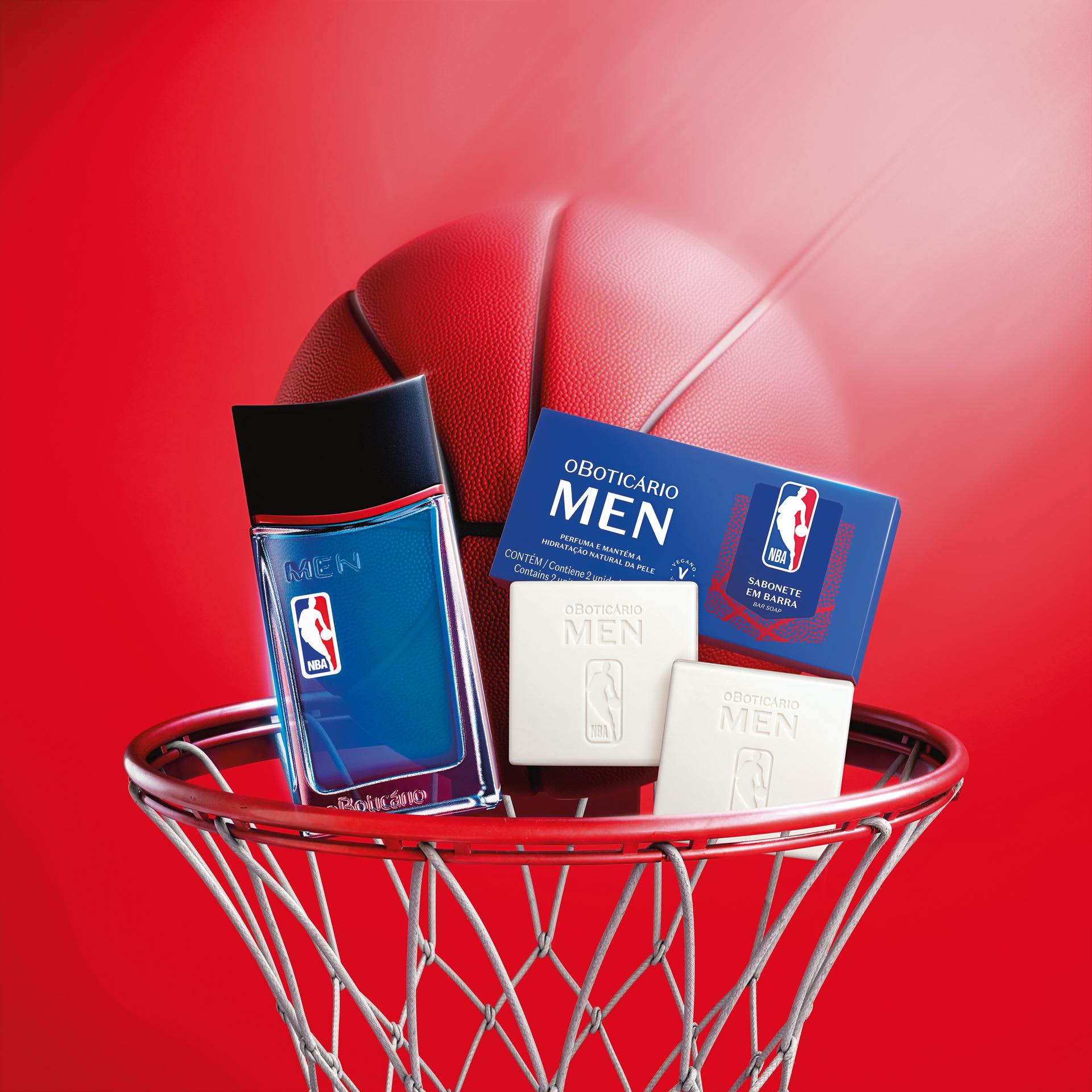 Produtos da linha MEN em frente a uma cesta de basque