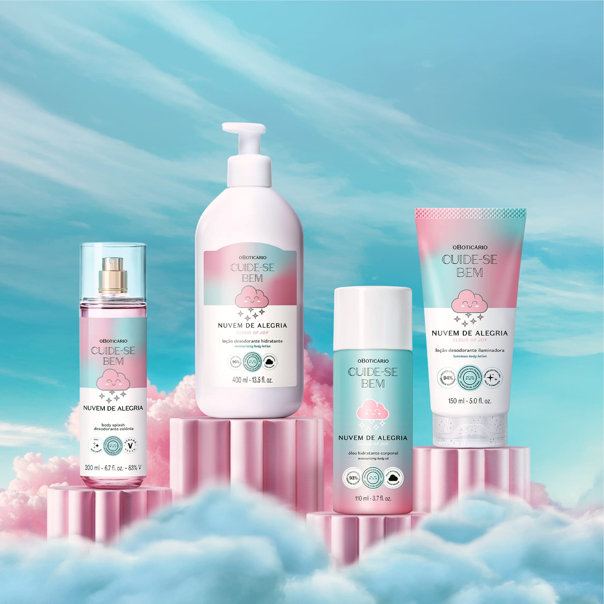 Frascos dos itens da linha Cuide-se Bem Nuvem de Alegria