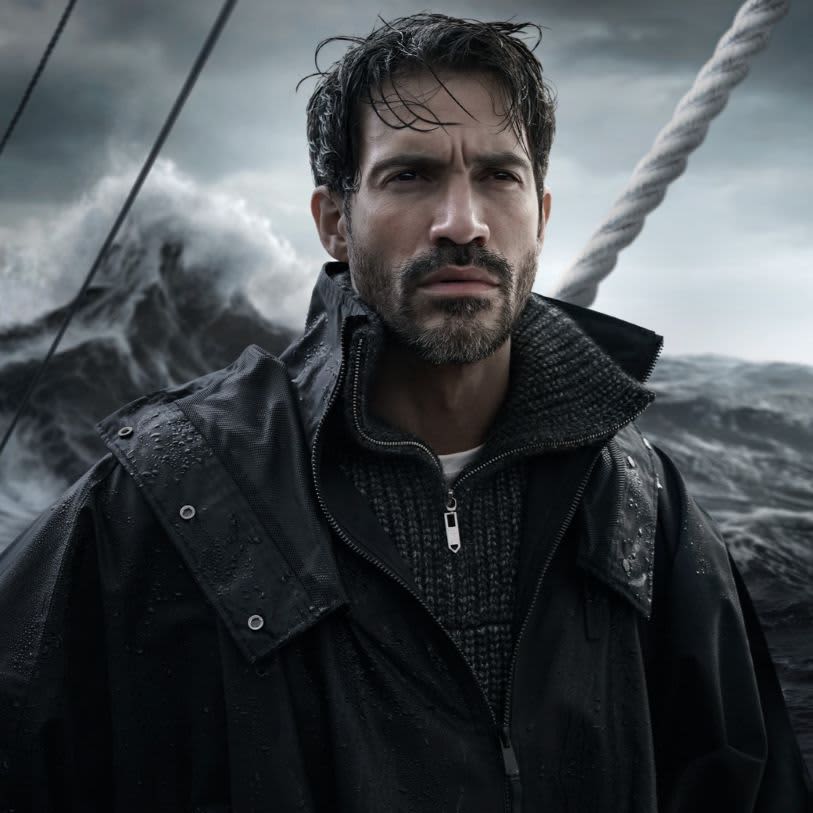 Homem de barba com casaco preto em um barco em mar tempestuoso, com ondas gigantes ao fundo e céu nublado. Ele olha diretamente para a câmera.