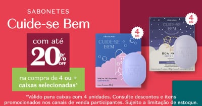 Fundo vermelho com blocos coloridos, do lado direito temos duas caixas de sabonetes Cuide-se bem com 4 unidades. A comunicação é sobre desconto de até 20% OFF nesses itens.