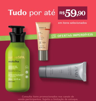 Fundo vermelho, com blocos de cor sobrepostos com as embalagens de mini Floratta, Botik Vitamina C e Máscara Capilar de Match à direita. A comunicação fala sobre produtos com preços de até R$ 59,90