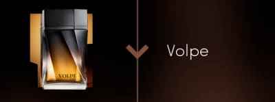 Anúncio de perfume Volpe, mostrando o frasco de vidro âmbar e preto com o logotipo da marca.