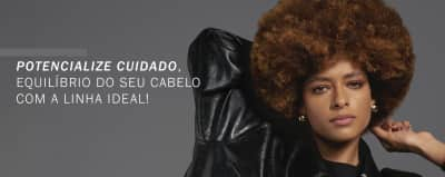 Mulher negra com cabelo crespo, com jaqueta de couro preta, e descrição: Potencialize Cuidado e Equilíbrio com a linha ideal!