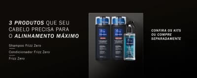 Banner publicitário de produtos para cabelo da linha Frizz Zero: shampoo, condicionador e máscara líquida.