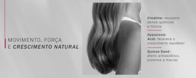 Banner em preto e branco com cabelo longo e texto sobre ativos da linha Perfect para crescimento saudável: Creatine, Hyaluronic Acid e Quinoa Seed.