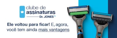 Banner azul do "Clube de Assinaturas Dr. Jones" e texto promocional sobre vantagens de assinatura, com aparelhos de barbear.