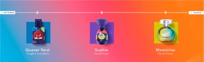 A imagem mostra três frascos de fragrâncias com designs coloridos e nomes: Quasar Next, Sophie e Memórias.