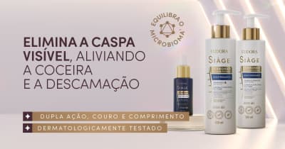 O banner apresenta produtos da linha Siage da marca Eudora para tratamento anticaspa e coceira, com descrição dos benefícios.