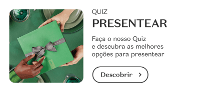 Mãos diversas segurando uma caixa de presente verde, convidando o usuário a fazer um quiz sobre as melhores opções para presentear.