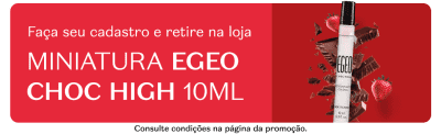O banner de fundo vermelho traz miniatura de Egeo Choc High para quem se cadastrar no site + 5% OFF na compra do lançamento.