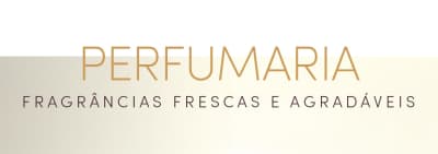 O banner apresenta o texto "PERFUMARIA" em letras douradas, seguido pela frase "FRAGRÂNCIAS FRESCAS E AGRADÁVEIS" em letras menores. O design é simples e elegante, com um fundo claro que destaca o texto.