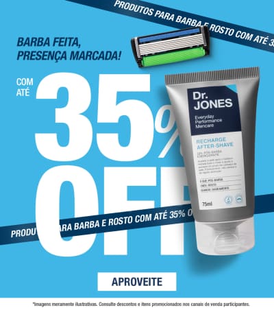 O banner anuncia produtos para barba e rosto com desconto de até 35%. Destaca a frase "Barba feita, presença marcada!" e imagem do The Razor 6 e do Gel Pós-Barba.