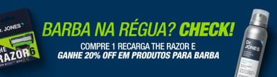 Uma promoção de produtos para barba Dr. Jones. Destaca a compra de uma lâmina de barbear e o desconto de 20% em produtos