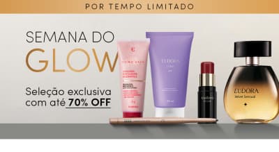 O banner apresenta uma seleção exclusiva de produtos da marca Eudora com até 70% de desconto. Destaca-se uma máscara esfoliante, um creme corporal, um desodorante colônia e um óleo corporal, além de uma modelo com maquiagem suave e aparência iluminada.