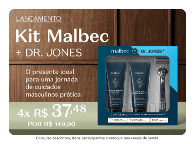 O banner apresenta um kit de produtos masculinos. O kit é apresentado como o presente ideal para uma rotina de cuidados masculinos práticos.