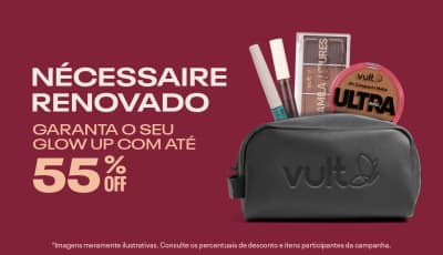 Uma nécessaire preta contendo quatro itens de maquiagem de Vult. Garanta o seu glow up com até 55%OFF.