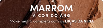 O banner apresenta a marca "MARROM" em destaque, com a frase "a cor do ano" abaixo. A imagem mostra uma textura marrom escura, provavelmente de um produto cosmético da marca.