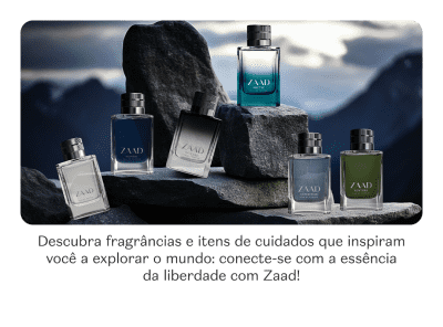 O banner apresenta uma coleção de fragrâncias e itens de cuidados da marca Zaad, em embalagens elegantes e sofisticadas, dispostos sobre rochas em uma paisagem montanhosa.