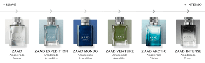 O banner apresenta uma linha de produtos de diferentes fragrâncias da marca Zaad. Cada produto é identificado por seu nome e características aromáticas.