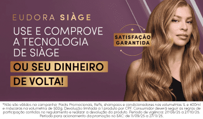 O banner apresenta a Grazi Massafera com cabelos loiros e ondulados. O texto destaca a "Satisfação Garantida" "Use e Comprove a Tecnologia de Siage ou seu dinheiro de volta!". A imagem exibe diversos produtos Siàge, como shampoo, condicionador.