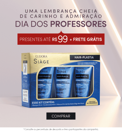 O banner mostra uma mulher com cabelos longos e escuros, sorrindo e segurando um kit de produtos para cabelos da marca Eudora Stage. O texto destaca uma oferta de presentes até R$ 99 com frete grátis,