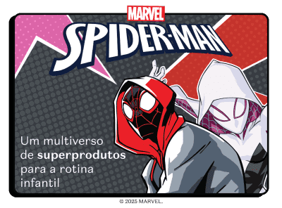 A imagem mostra os personagens Spider-Man e Spider-Gwen em um fundo cinza de bolinhas, com o texto: 'Um multiverso de superprodutos para a rotina infantil'.