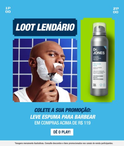  oferta de espuma de barbear com compras acima de R$ 119. Destaca uma imagem de um homem se barbeando com o produto.