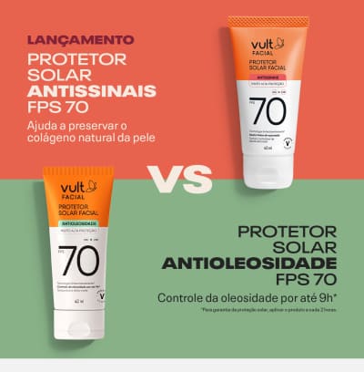 O banner apresenta duas embalagens de protetor solar facial. Protetor Antissinais, ajuda a preservar o colágeno natural da pele. Protetor Antioleosidade, controla a oleosidade por até 9h.