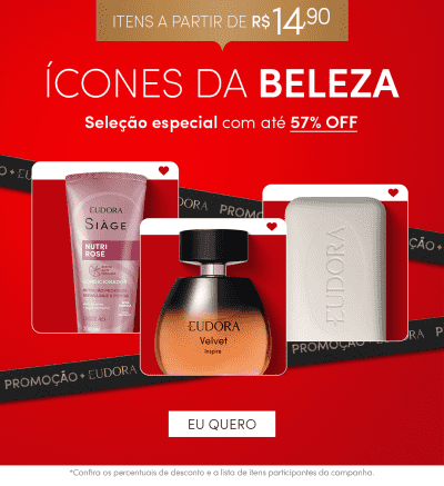 O banner apresenta uma seleção especial de "Ícones da Beleza" da marca Eudora, com até 57% de desconto. Destaca-se um frasco de perfume Eudora Velvet e um produto de tratamento capilar Eudora Siage Nutri Rosé, ambos em embalagens elegantes.