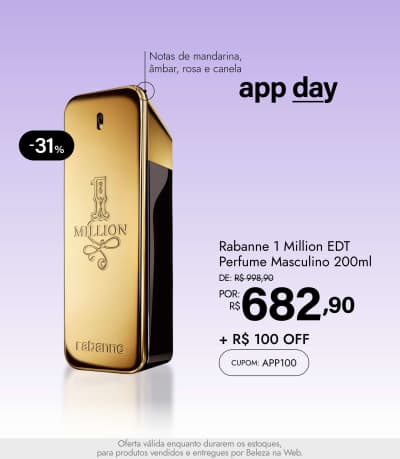 1 Million Rabanne Eau de Toilette - Perfume Masculino 200ml De: R$ 998,90 Por: R$682,90 Selo: 31% OFF + APP100 *Vendidos e entregues por Beleza na Web