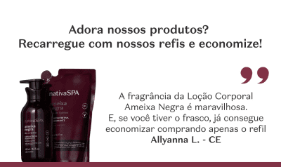 Imagem da Loção Corporal Ameixa Negra e seu refil. Depoimento elogia a fragrância e a economia ao comprar o refil.