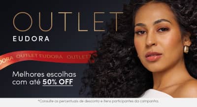 Imagem de uma mulher com cabelos cacheados escuros, maquiagem suave e expressão séria, em um banner promocional da marca Eudora Outlet com descontos de até 50%.