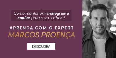 O banner apresenta uma imagem do cabeleireiro Marcos Proença, com a chamada "Aprenda com o expert Marcos Proença" e um botão "Descubra" abaixo. O texto convida o usuário a aprender com Marcos Proença sobre como montar um cronograma capilar para o seu cabelo.