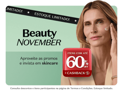 O banner apresenta uma mulher loira com maquiagem suave e o texto destaca sobre a oferta em produtos de skincare com até 60% de desconto.