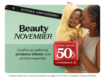 O banner apresenta uma promoção de produtos infantis com até 50% de desconto e acúmulo de cashback.
